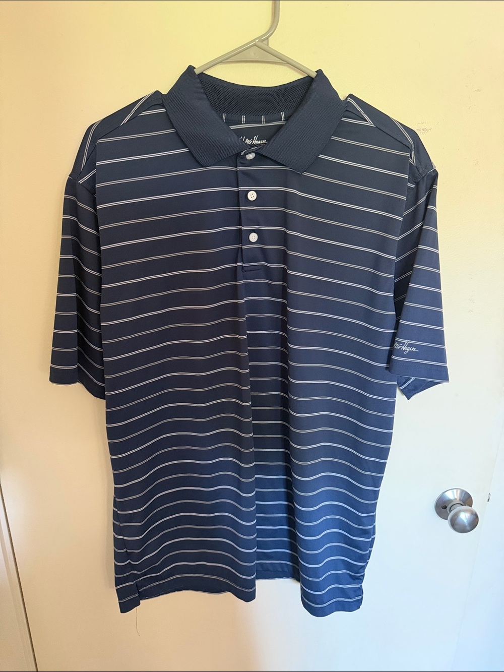 Walter Hagen Essentials Navy Blue Polo with Thin White Stripes; Large